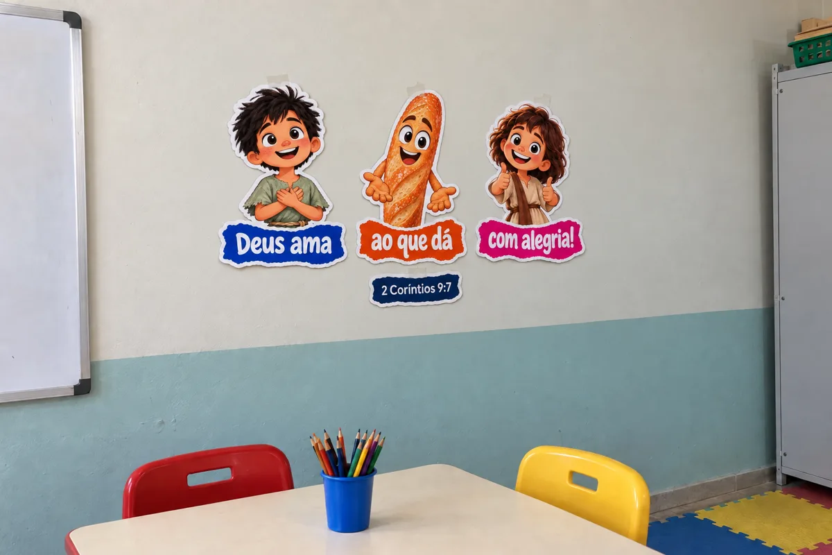 Versículo 'Deus ama ao que dá com alegria' impresso na parede da salinha, com os personagens da Multiplicação dos Pães